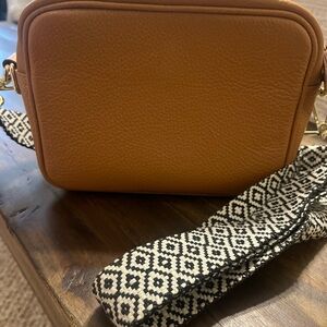 Tan Leather Crossbody Bag with Geometric Strap
